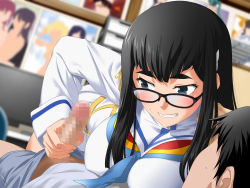 Rule 34 | 1girl, black-framed eyewear, black hair, blue eyes, blurry, blurry background, blush, breast press, breast rest, breasts, censored, clenched teeth, clownculture, computer, cosplay, embarrassed, erection, glasses, handjob, highres, indoors, kill la kill, kiryuuin satsuki, kiryuuin satsuki (cosplay), large breasts, long hair, looking back, looking down, lying, monitor, mosaic censoring, penis, smile, solo focus, sweatdrop, teeth, thick eyebrows