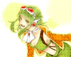 Rule 34 | 1girl, breasts, chesunatto, female focus, goggles, goggles on head, gradient background, green eyes, green hair, gumi, gumi (v3 megpoid), headphones, jacket, matching hair/eyes, open mouth, short hair, shorts, smile, solo, suspenders, vocaloid, white background