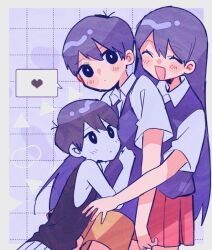 Rule 34 | 1girl, 2boys, antenna hair, arm at side, bare shoulders, black eyes, black tank top, blush, border, bright pupils, brother and sister, closed eyes, closed mouth, collared shirt, colored skin, dual persona, grey border, grid background, hair between eyes, heart, leaning on person, long hair, looking at another, looking at viewer, mari (headspace) (omori), mari (omori), multiple boys, omori, omori (omori), open mouth, orange shorts, purple background, purple hair, purple sweater vest, red skirt, shirt, short hair, short sleeves, shorts, siblings, skirt, sleeveless, smile, spoken heart, striped clothes, striped shorts, sunny (omori), sweater vest, tank top, vertical-striped clothes, vertical-striped shorts, white pupils, white shorts, white skin, yuusuke-kun