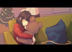 Rule 34 | 1boy, 1girl, absurdres, bag, black hair, blunt bangs, child, christmas, christmas ornaments, christmas tree, closed eyes, couch, father and daughter, headpat, highres, hugging object, indoors, letterboxed, light blush, nuwara eliya, original, red sweater, ribbon, sitting, smile, solo focus, stuffed animal, stuffed toy, sweater, teddy bear