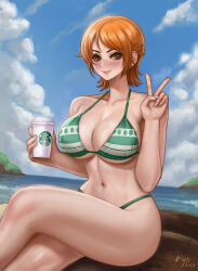 Rule 34 | 1girl, bikini, blue sky, blush, bob cut, breasts, brown eyes, cleavage, closed mouth, cloud, collarbone, crossed legs, cup, day, disposable cup, green bikini, holding, holding cup, kyopink, large breasts, lips, long hair, looking at viewer, nami (one piece), navel, ocean, one piece, orange hair, outdoors, shiny skin, short hair, sitting, sky, smile, solo, starbucks, stomach, swimsuit, thighs, thong, thong bikini, v, very long hair, wet