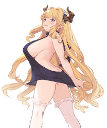 Rule 34 | 1girl, aran sweater, ass, backless dress, backless outfit, bare back, black sweater, blonde hair, blush, breasts, butt crack, cable knit, clothes tug, commentary request, draph, dress, granblue fantasy, halterneck, highres, horns, large breasts, long hair, meme attire, open mouth, razia, sideboob, simple background, solo, sweater, sweater dress, sweater tug, thighhighs, turtleneck, turtleneck sweater, u jie, virgin killer sweater, white background, white thighhighs