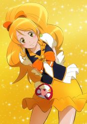 Rule 34 | 1girl, arms behind back, blonde hair, bow, brooch, brown eyes, closed mouth, collarbone, cowboy shot, cure honey, fuchi (nightmare), hair bow, happinesscharge precure!, heart, heart brooch, high ponytail, leaning to the side, long hair, looking at viewer, miniskirt, orange bow, orange neckwear, precure, short sleeves, skirt, smile, solo, standing, very long hair, yellow background, yellow skirt