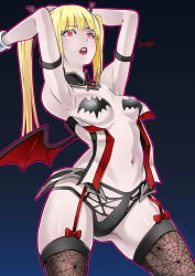 Rule 34 | 1girl, arm up, bat wings, black panties, black thighhighs, blonde hair, blue eyes, blush, bow, butcha-u, dead or alive, gradient background, halloween, highres, lingerie, long hair, marie rose, mini wings, navel, open mouth, outline, panties, pasties, purple outline, red bow, solo, tecmo, thighhighs, twintails, underwear, wings