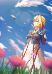 Rule 34 | 10s, 1girl, ascot, bird, blonde hair, blue eyes, blue jacket, blue sky, blurry, blurry foreground, braid, breasts, brooch, cloud, cropped jacket, day, depth of field, dress, flower, gem, grass, hand on own chest, jacket, jewelry, juliet sleeves, lens flare, long sleeves, looking away, looking to the side, medium breasts, outdoors, parted lips, profile, puffy sleeves, shoron, short hair, side braid, sky, solo, standing, violet evergarden, violet evergarden (series), white ascot, white dress