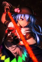 Rule 34 | 1girl, absurdres, black gloves, black hair, blue hair, bow, bowtie, closed mouth, commentary, dark, earrings, food, frown, fruit, gloves, greenkohgen, highres, hinanawi tenshi, holding, holding sword, holding weapon, huge filesize, jewelry, long hair, peach, puffy short sleeves, puffy sleeves, red bow, red bowtie, red eyes, short sleeves, solo, sword, sword of hisou, touhou, weapon