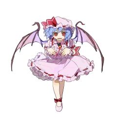 Rule 34 | 1girl, bat wings, blue hair, bow, chinese commentary, collared shirt, commentary request, fang, frilled shirt, frilled shirt collar, frilled skirt, frilled sleeves, frills, full body, hat, hat ribbon, highres, mob cap, open mouth, phagic, pink footwear, pink hat, pink shirt, pink skirt, puffy short sleeves, puffy sleeves, red bow, red eyes, red ribbon, remilia scarlet, ribbon, ribbon-trimmed skirt, ribbon trim, shirt, short hair, short sleeves, simple background, skirt, smile, solo, touhou, white background, wings