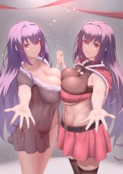 Rule 34 | 2girls, absurdres, alternate costume, belt, breast press, breasts, capelet, christmas, cleavage, commentary request, fate/grand order, fate (series), fur trim, hair intakes, highres, large breasts, long hair, looking at viewer, multiple girls, navel, nightgown, nmi, outstretched hand, panties, purple hair, red eyes, revision, santa costume, scathach (fate), scathach skadi (fate), side-tie panties, skirt, smile, symmetrical docking, thighhighs, underwear, very long hair