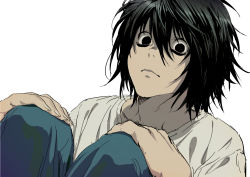 Rule 34 | 1boy, black eyes, black hair, blue pants, closed mouth, death note, highres, ikuchan kaoru, l (death note), looking at viewer, male focus, pants, shirt, simple background, sitting, solo, white background, white shirt, wide-eyed