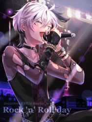 Rule 34 | 1girl, black gloves, black shirt, blurry, blurry background, bracelet, chain belt, choker, closed eyes, collarbone, commentary, concert, date pun, dated, emu (marico w), fingerless gloves, fishnet sleeves, fishnets, flower (vocaloid), flower (vocaloid4), gloves, hands up, highres, holding, holding microphone, jewelry, light particles, microphone, multicolored hair, music, nail polish, number pun, open mouth, purple hair, purple nails, shirt, short hair, singing, single glove, solo, streaked hair, sweat, torn clothes, torn sleeves, twitter username, upper body, vocaloid, white hair