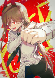 Rule 34 | + +, 1girl, black necktie, black pants, blonde hair, breasts, chainsaw man, character name, clenched hand, collared shirt, commentary, cowboy shot, cross-shaped pupils, demon horns, dress shirt, hair between eyes, hand on own shoulder, highres, horns, long hair, medium breasts, miyoshi (triple luck), necktie, open mouth, pants, power (chainsaw man), red background, red eyes, sharp teeth, shirt, shirt partially tucked in, simple background, smile, solo, straight hair, symbol-shaped pupils, teeth, white shirt, wing collar