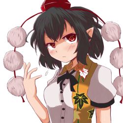 Rule 34 | 1girl, bad hands, black hair, black ribbon, blush, breasts, closed mouth, collared shirt, hat, leaf print, looking at viewer, necktie, pointy ears, pom pom (clothes), red eyes, ribbon, shameimaru aya, shirt, short hair, short sleeves, simple background, small breasts, tengu, tokin hat, touhou, upper body, white background, white shirt, yasui nori