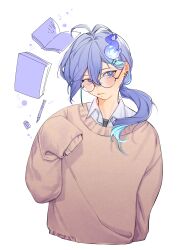 Rule 34 | 1boy, androgynous, antenna hair, blue fire, blue hair, blush, book, bottomless, brown sweater, earrings, fire, floating, floating object, ghost, glasses, hair between eyes, highres, holostars, jewelry, long hair, long sleeves, looking to the side, low ponytail, male focus, minase rio, multicolored hair, open book, pencil, purple eyes, purple hair, round eyewear, sanbo (apple 1020), shirt, shirt under sweater, sleeves past fingers, sleeves past wrists, solo, streaked hair, sweater, upper body, virtual youtuber, white background, white shirt