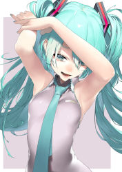 Rule 34 | 1girl, aqua hair, aqua nails, aqua necktie, armpits, arms up, bad id, bad pixiv id, bare arms, bare shoulders, border, breasts, collared shirt, eyelashes, fingernails, grey background, grey eyes, grey shirt, half-closed eyes, hand on own wrist, hatsune miku, highres, light smile, lips, long fingernails, long hair, nail polish, necktie, parted lips, rsk (tbhono), shaded face, shiny skin, shirt, simple background, sleeveless, sleeveless shirt, small breasts, solo, tareme, teeth, tight clothes, tight shirt, twintails, upper body, very long hair, vocaloid, white border