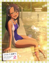 Rule 34 | 1girl, adjusting clothes, adjusting swimsuit, arm support, bare legs, bare shoulders, barefoot, black hair, blush, brown eyes, cover, dark-skinned female, dark skin, dvd cover, evening, fang, grin, hair ornament, hairclip, highres, ijiranaide nagatoro-san, long hair, looking at viewer, looking to the side, nagatoro hayase, nail polish, naughty face, official art, open mouth, shiny skin, sitting, skin fang, smile, solo, sunset, swimsuit, water, wet