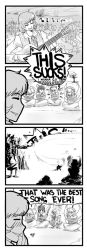 Rule 34 | 4koma, 5girls, blush, bound, cirno, comic, covering own mouth, death, english text, flower, greyscale, guitar, hand over mouth, hand over own mouth, heart, instrument, jess limcangco, kazami yuuka, luna child, master spark, monochrome, multiple girls, musical note, skeleton, star sapphire, sunflower, sunny milk, tears, tied up (nonsexual), touhou