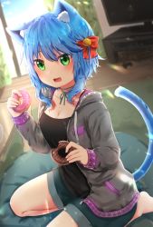 Rule 34 | 1girl, animal ear fluff, animal ears, aqua eyes, barefoot, black shirt, blue hair, bow, breasts, cat ears, cat tail, controller, cushion, day, doughnut, eating, food, game controller, grey jacket, hair bow, highres, holding, holding food, indoors, jacket, michiru donut, original, red bow, shirt, short hair, shorts, sitting, small breasts, solo, tail, television