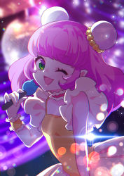 Rule 34 | 1girl, ;d, absurdres, blunt bangs, choker, close-up, commentary, disco ball, double bun, dress, eriko (nakaeri gogo), frilled choker, frills, green eyes, hair bun, highres, holding, holding microphone, idol, lipstick, makeup, mao (precure), microphone, one eye closed, open mouth, pink hair, pointy ears, precure, sleeveless, sleeveless dress, smile, solo, star twinkle precure, upper body, wrist cuffs, yuni (precure)