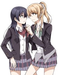 Rule 34 | 10s, 2girls, adjusting another&#039;s clothes, ayase eli, blazer, blonde hair, blush, clipe, dress shirt, eye contact, jacket, long hair, looking at another, love live!, love live! school idol project, multiple girls, open clothes, open jacket, school uniform, shirt, simple background, skirt, smile, sonoda umi, uniform, white background, yuri
