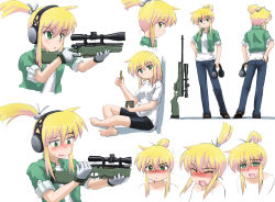 Rule 34 | 1girl, barefoot, bike shorts, blonde hair, blue eyes, blush, bullet, character sheet, ear protection, empty eyes, expressions, feet, gloves, green eyes, gun, headphones, iris (material sniper), material sniper, multiple views, open mouth, ponytail, rifle, scope, short hair, sleeves rolled up, sniper rifle, sweatdrop, tanada-bon, tears, turnaround, weapon