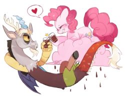 Rule 34 | closed eyes, discord (my little pony), grin, heart, my little pony, my little pony: friendship is magic, no humans, pinkie pie, simple background, smile, spoken heart, suikuyo, white background