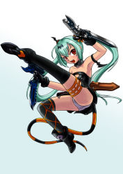 Rule 34 | 1girl, alice (queen&#039;s gate), armlet, boots, dual wielding, gloves, gun, hair ornament, holding, knife, long hair, open mouth, panties, queen&#039;s blade, queen&#039;s gate, red eyes, simple background, solo, thighhighs, twintails, underwear, weapon