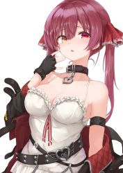 Rule 34 | 1girl, belt, black belt, black collar, black gloves, breasts, cleavage, collar, collarbone, cosplay, fingerless gloves, gloves, hair ribbon, heart collar, heterochromia, highres, hololive, houshou marine, long hair, medium breasts, red eyes, red hair, red ribbon, ribbon, sakamata chloe, sakamata chloe (cosplay), shiunnkaku, simple background, solo, twintails, virtual youtuber, white background, yellow eyes