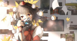 Rule 34 | 1girl, absurdres, architecture, blurry, blurry background, blush, bow, bowtie, brown hair, camera, commentary request, covered mouth, drawing (object), east asian architecture, falling leaves, flying paper, girigiri (giri giri54), hat, head tilt, highres, holding, holding camera, huge filesize, leaf, light rays, looking at viewer, paper, pom pom (clothes), puffy short sleeves, puffy sleeves, red bow, red bowtie, red eyes, red hat, shameimaru aya, shirt, short hair, short sleeves, solo, tokin hat, torii, touhou, upper body, wall, white shirt