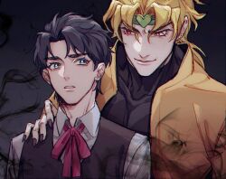 Rule 34 | 2boys, aged down, black nails, blonde hair, blue eyes, blue hair, bracelet, commentary request, dio brando, ear birthmark, hako iix07, hand on another&#039;s shoulder, headband, heart, jacket, jewelry, jojo no kimyou na bouken, jonathan joestar, long sleeves, looking at another, male focus, multiple boys, muscular, parted lips, phantom blood, red eyes, shirt, short hair, smirk, stardust crusaders, time paradox, white shirt, yellow jacket