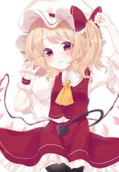 Rule 34 | 1girl, arm up, ascot, black thighhighs, blonde hair, blush, bow, collared shirt, crystal, eringi (rmrafrn), flandre scarlet, hand up, hat, hat bow, head tilt, highres, laevatein, long hair, looking at viewer, mob cap, one side up, parted lips, puffy short sleeves, puffy sleeves, red bow, red eyes, red skirt, red vest, shirt, short sleeves, simple background, skirt, skirt set, solo, thighhighs, touhou, vest, white background, white hat, white shirt, wings, wrist cuffs, yellow ascot