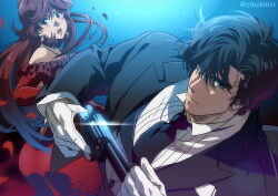 Rule 34 | 1boy, 1girl, absurdres, black jacket, blue background, brown hair, city hunter, closed mouth, collar, collared shirt, commentary request, dangle earrings, dress, earrings, formal, frown, gloves, gun, handgun, highres, holding, holding gun, holding weapon, jacket, jewelry, long hair, looking at viewer, makimura kaori, open mouth, red dress, revolver, saeba ryou, shirt, suit jacket, twitter username, weapon, white gloves, white shirt, yuu (masarunomori)