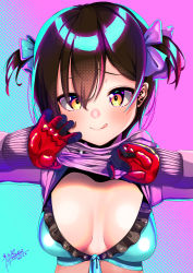 Rule 34 | :p, absurdres, bikini, bikini top only, blush, breasts, brown hair, cleavage, clothes lift, front-tie top, highres, hololive, hood, hoodie, papino is skebe, roboco-san, shirt lift, short twintails, tongue, tongue out, twintails, virtual youtuber, yellow eyes