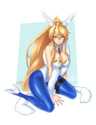 Rule 34 | 1girl, 2dswirl, ahoge, animal ears, artoria pendragon (all), artoria pendragon (fate), artoria pendragon (lancer) (fate), artoria pendragon (swimsuit ruler) (fate), blonde hair, blue neckwear, breasts, cleavage, cleavage cutout, clothing cutout, detached collar, fake animal ears, fate/grand order, fate (series), feather boa, fishnets, green eyes, highres, large breasts, leotard, looking at viewer, necktie, pantyhose, playboy bunny, ponytail, rabbit ears