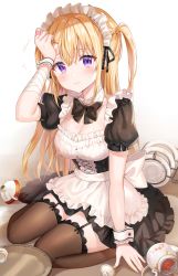 Rule 34 | 1girl, absurdres, apron, bad id, bad twitter id, bandaged arm, bandages, black dress, blonde hair, bow, bowtie, breasts, brown thighhighs, cleavage, commentary request, cup, detached collar, dress, flying sweatdrops, garter straps, hand up, highres, lace, lace-trimmed legwear, lace trim, large breasts, long hair, looking at viewer, maid, maid apron, maid headdress, motion lines, original, plate, puffy short sleeves, puffy sleeves, purple eyes, short sleeves, sidelocks, solo, teacup, teapot, thighhighs, tokkyu, tray, two side up, waist apron, wrist cuffs, zettai ryouiki