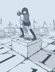 Rule 34 | 1girl, attempted suicide, black thighhighs, blue theme, flag, hamsterfragment, holding, holding shovel, long sleeves, medium hair, minesweeper, monochrome, no nose, original, shoes, shovel, solo, standing, suicidal girl (hamsterfragment), suicide, thighhighs, wide shot