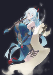 Rule 34 | 1girl, absurdres, arched back, bare shoulders, black background, black gloves, blue dress, blue hair, commentary request, cropped legs, dress, gloves, grey eyes, hands up, hanya (honkai: star rail), highres, holding, holding brush, holding paintbrush, honkai: star rail, honkai (series), light blue hair, long hair, looking at viewer, paintbrush, paper, parted lips, px2011, sleeveless, sleeveless dress, solo, very long hair
