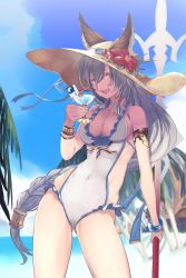 Rule 34 | 10s, 1girl, absurdres, animal ears, beach, bracer, braid, breasts, cleavage, cloud, contrapposto, covered navel, cowboy shot, day, drink, drinking straw, ears through headwear, erune, flower, granblue fantasy, hat, heles, heles (summer) (granblue fantasy), hibiscus, highres, holding, kumonji aruto, long hair, looking at viewer, medium breasts, one-piece swimsuit, outdoors, palm tree, polearm, silver hair, single braid, sky, smile, solo, standing, summer, sun hat, swimsuit, tree, very long hair, water, weapon, white one-piece swimsuit, yellow eyes