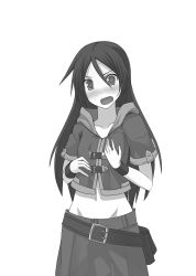 Rule 34 | 1girl, belt, belt pouch, blush, buckle, collarbone, cowboy shot, cropped jacket, female focus, genderswap, genderswap (mtf), grabbing own breast, greyscale, groin, hair between eyes, highres, long hair, looking at viewer, midriff, monochrome, navel, nose blush, only sense online, open mouth, pouch, short sleeves, simple background, skirt, solo, surprised, taletale, third-party edit, very long hair, white background, wristband, yun (only sense online)
