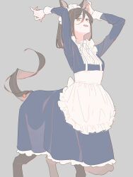 Rule 34 | 1girl, animal ears, apron, arms up, black dress, brown hair, centaur, dress, fang, feet out of frame, grey background, highres, horse ears, horse girl, kinutani yutaka, long hair, long sleeves, looking at viewer, maid, maid apron, maid headdress, monster girl, open mouth, orange eyes, original, simple background, solo, standing, tail raised, taur