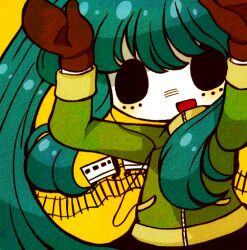 Rule 34 | 1girl, :d, black eyes, brown mittens, chibi, chibi only, facial mark, green hair, green jacket, hatsune miku, jacket, long hair, looking at viewer, matryoshka (vocaloid), memorisleep, mittens, open mouth, sidelocks, smile, solo, track jacket, twintails, upper body, vocaloid, yellow background