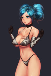 Rule 34 | 1girl, animal print, bikini, blue eyes, blue hair, body writing, breasts, cleavage, collar, cow print, cow print bikini, elbow gloves, gloves, instant ip, large breasts, league of legends, lips, matching hair/eyes, md5 mismatch, navel, parted lips, print bikini, resized, resolution mismatch, shiny skin, solo, sona (league of legends), source larger, strap gap, swimsuit, tattoo, twintails, underboob