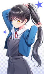 Rule 34 | 1girl, arm up, black hair, blue jacket, closed mouth, collared shirt, deadnooodles, dress, grey dress, hand up, hazuki ren, highres, jacket, long hair, long sleeves, love live!, love live! superstar!!, mouth hold, neck ribbon, open clothes, open jacket, red ribbon, ribbon, shirt, solo, star (symbol), tying hair, upper body, white shirt, yellow eyes