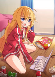 Rule 34 | 10s, 1girl, absurdres, ahoge, barefoot, bed, blonde hair, blue eyes, blush, bottle, bra, can, chips (food), computer, drink can, eating, food, food on face, gabriel dropout, gabriel tenma white, highres, indoors, jacket, laptop, long hair, messy hair, messy room, mousou (mousou temporary), no pants, on floor, open clothes, open jacket, open mouth, panties, potato chips, sitting, sleeves past wrists, soda bottle, soda can, solo, track jacket, underwear, unzipped, very long hair, white bra, white panties