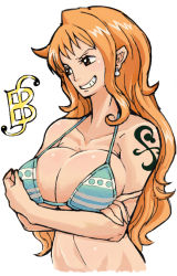 Rule 34 | 1girl, bikini, bikini top only, breasts, cleavage, crossed arms, earrings, female focus, jewelry, large breasts, long hair, nami (one piece), one piece, orange hair, simple background, solo, swimsuit, tattoo, teruki, upper body, white background