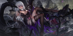 Rule 34 | 1girl, artillery, artist name, azur lane, black dress, black footwear, black gloves, black thighhighs, breasts, corruption, dark persona, detached collar, dress, duplicate, elbow gloves, evil, full body, gloves, high heels, highres, illustrious (azur lane), large breasts, long hair, mechanical tentacles, pubic tattoo, purple eyes, rigging, shoes, siren (azur lane), skindentation, solo, swd3e2, tattoo, tentacles, thighhighs, torn clothes, torn dress, turret, very long hair, water, white hair