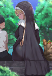 Rule 34 | 1boy, 1girl, ass, bag, baguette, bread, breasts, child, closed eyes, daishippai, food, from behind, groceries, grocery bag, habit, highres, long hair, nijisanji, nun, paper bag, shopping bag, sideboob, sister claire, sister claire (1st costume), sitting, traditional nun, virtual youtuber