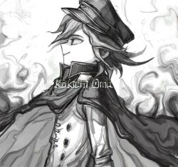 Rule 34 | 1boy, bbbbbaasos, cape, character name, commentary, danganronpa (series), danganronpa v3: killing harmony, greyscale, hat, male focus, messy hair, monochrome, oma kokichi, parted lips, peaked cap, profile, simple background, solo, straitjacket, symbol-only commentary, upper body