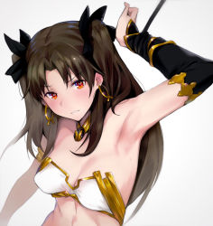 Rule 34 | 1girl, arm up, armpits, black hair, blush, breasts, bright pupils, cleavage, detached collar, detached sleeves, earrings, fate/grand order, fate (series), grey background, highres, hoop earrings, ishtar (fate), ishtar (fate), jewelry, kurowa, long hair, parted lips, red eyes, restrained, simple background, single detached sleeve, small breasts, solo, strapless, sweatdrop, tube top, two side up, white pupils
