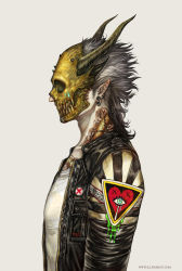Rule 34 | 1boy, artist name, beige background, black hair, black jacket, blood, collarbone, dragon tattoo, ear piercing, earrings, flower tattoo, grey hair, hair slicked back, highres, horned mask, horns, jacket, jewelry, male focus, mask, medium hair, multiple horns, neck tattoo, open clothes, open jacket, original, piercing, pointy ears, pouch, profile, simple background, solo, striped, tattoo, veins, vusc, zipper