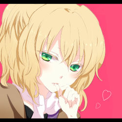 Rule 34 | 1girl, bad id, bad pixiv id, blonde hair, close-up, colored eyelashes, green eyes, letterboxed, lips, mizuhashi parsee, multicolored eyes, scarf, simple background, solo, sui (camellia), touhou